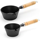 Hiceeden Set of 2 Nonstick Cast Iron Sauce Pan, 11/15 oz Small Cast Iron Butter Melting Pot with Wood Handle, Mini Tadka Pan Basting Pot with Pour Spout for Heating Milk, Chocolate, Egg, Grilling