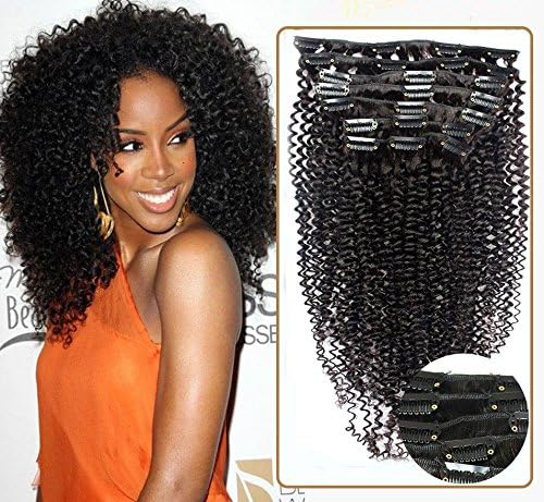 Promotions! 12Inch-28Inch 100% Virgin Brazilian Human Hair Afro Kinky Curl Clip in Hair Extension for black women, Unprocessed 6A Grade 7 pieces/ set Natural color (18")