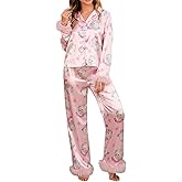 RUIWANBBY Womens Christmas Silk Satin Pajama Set Santa Claus Print Long Sleeve Sleepwear Button Down Pjs Shorts Set