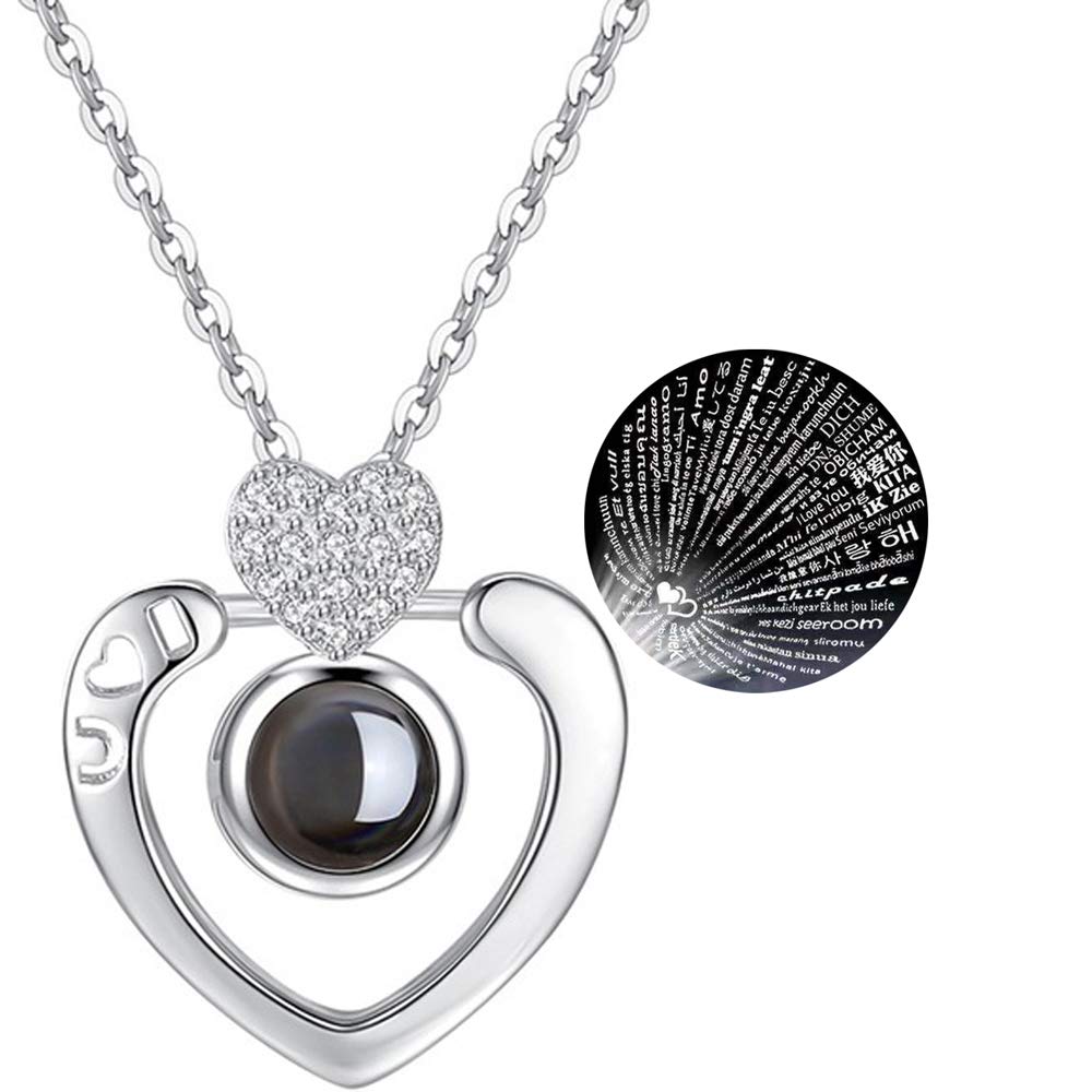 GulCean Necklace That Says I Love You in 100 Languages Projection Pendant Necklace That Says I Love U Different Ways for Women Mom with Meaning in Gift Box (Silver-2Heart)