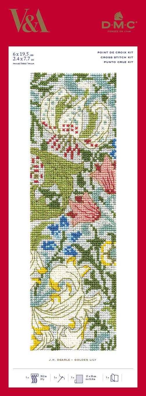 DMC Golden Lily Cross-Stitch Bookmark Kit, Includes Six-Strand Embroidery Thread, Embroidery Needle, 14ct Aida Fabric and Instructions