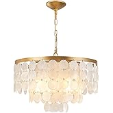 HLMRCHEN Shell Chandelier, White and Gold Chandelier Light Fixture with 4 Lights Capiz Seashell Pendant for Foyer,Kitchen Isl