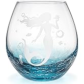 DOUDIZHU Mermaid Stemless Wine Glass - Teal Color Ocean Wine Glass for Girls Friend, Mermaid Present for Women, Beach Drinkware for Women, Kids, Birthday, Wedding Valentine's Day (Crackle Teal)