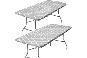 ZHUQING Vinyl Fitted Tablecloth for 6 ft Rectangle Table, Gray Moroccan Design, Waterproof Elastic Table Cover with Flannel Backed Lining, Fits 30"x72" Folding Table, for Outdoor Picnics/Travel/Party (2 Pack)