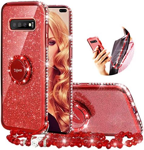 Samsung Galaxy S10 Plus Case for Girl, Tsjwee Cute Girly Glitter Bling Diamond Rhinestone Bumper with Ring Kickstand Pearls Lanyard Necklace Sparkly Protective Phone Case for Samsung Galaxy S10+ -Red