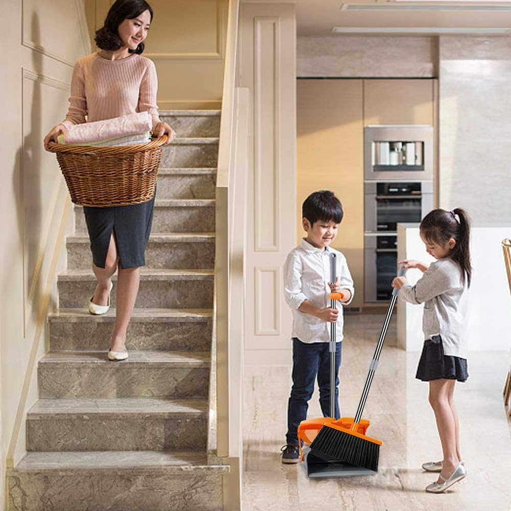 Kelamayi Dustpan and Broom Set,Stainless Long Handle Commercial Dust Pan Broom Combo Foldable Stand Dust Pan Sweep Set,Ideal for Pet Dog Hair Home Kitchen Office Cleaning: Home & Kitchen