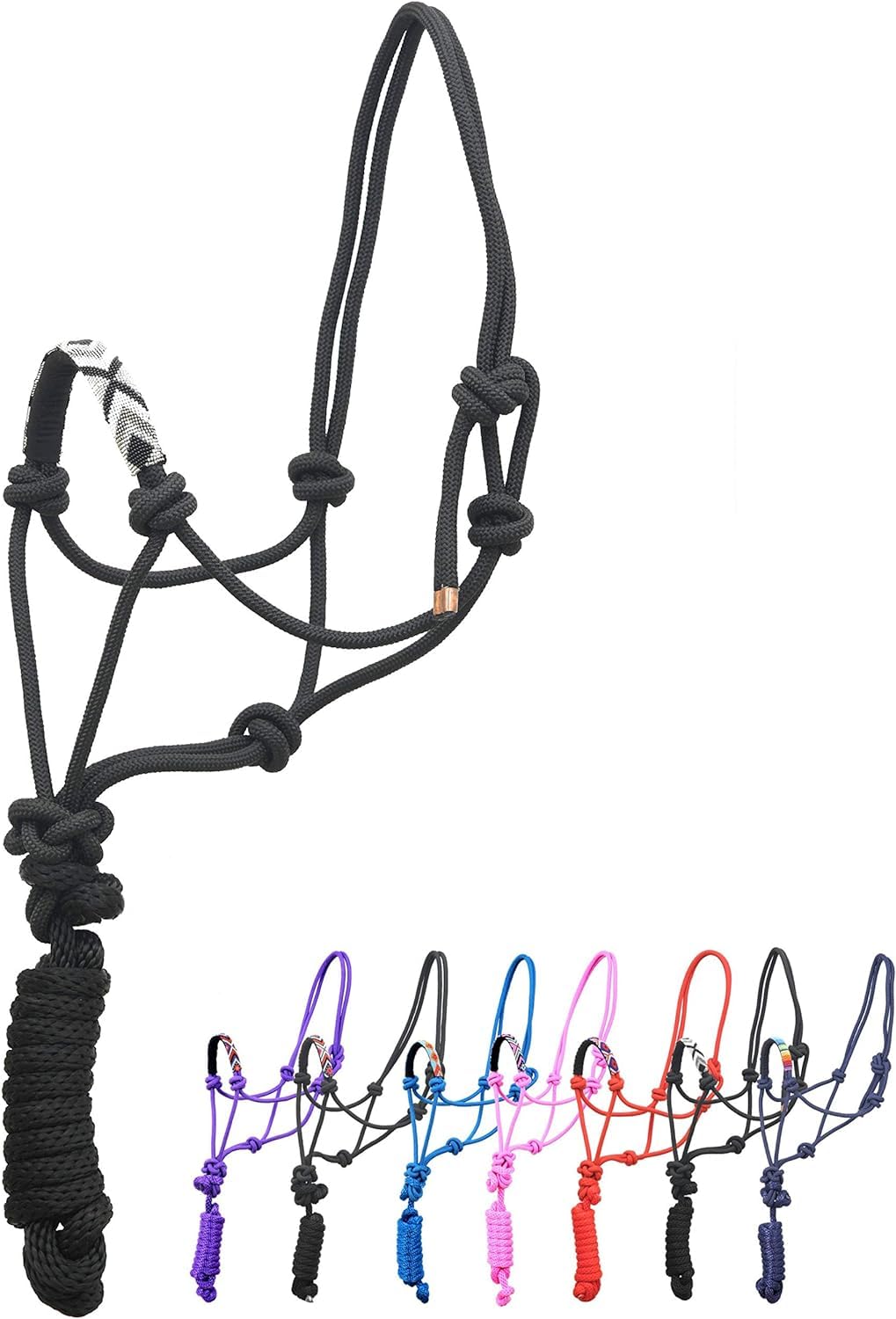Nylon Horse Braided Rope Halter Beaded Noseband Lead Rope (Black & Silver)