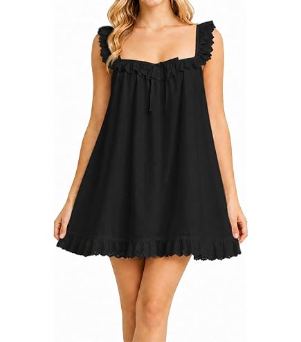 Women Y2k Mini Babydoll Dress Lace Fly Sleeve Bowknot Embellished Short Dress Summer Sleeveless Bowtie Slip Sundress (Black, S) at Amazon Women's Clothing store