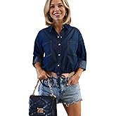 Kwoki Women's Cropped Denim Shirt Roll Up 3/4 Sleeve Casual Loose Crop Tops Drawstring Hem Button Front Jean Jacket