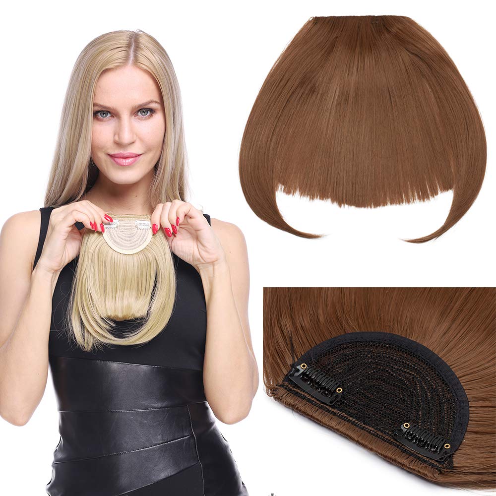 One Piece Clip in Bangs Medium Brown Front Fringe Clip on Hair Bang Extensions Synthetic Straight Hairpieces with Temples — image 1