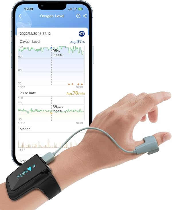 Wellue Checkme O2 Max Bluetooth Pulsoximeter mit Aufzeichnung, 72 Std Akkubetriebsdauer Sauerstoffsättigung Messgerät Handgelenk,Blutsauerstoffmessgerät, tragbarer Schlafmonitor mit APP&PC-Bericht