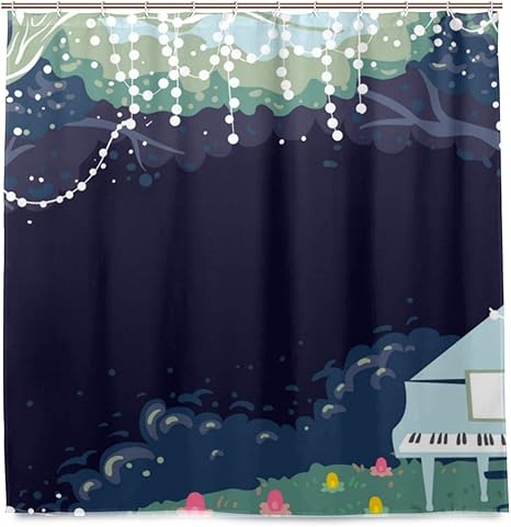 Amazon Kapanou防水 シャワーカーテン 背景イラストグランドピアノガーデンライト かわいいシャワーカーテン ユニットバス バスルーム 芸術の装飾 180cmx180cm バスフック付き 取り付け簡単 シャワーカーテン ホーム キッチン オンライン通販