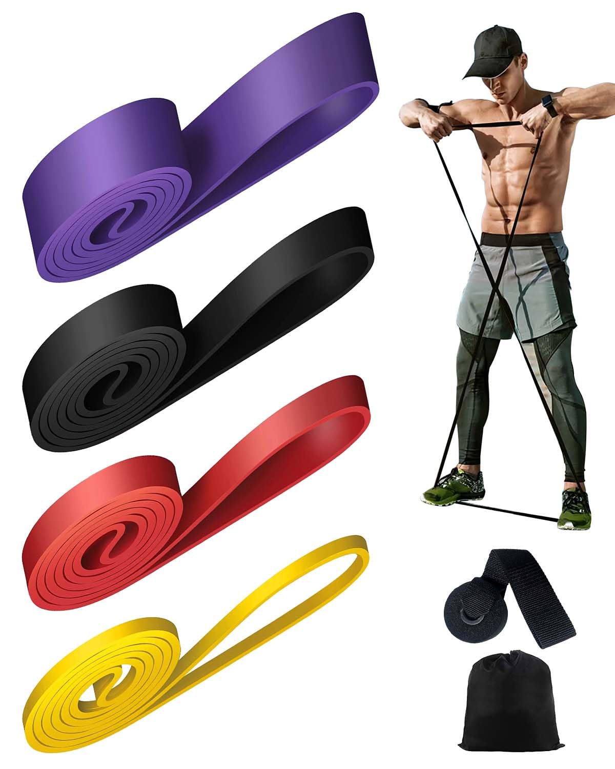 Rantizon Resistance Bands [Set of 4] long resistance band for Men Women with 4 Different Resistance Levels Gym Bands Resistance for Exercise Training Yoga Fitness Band for Chest Expanding Arm Leg