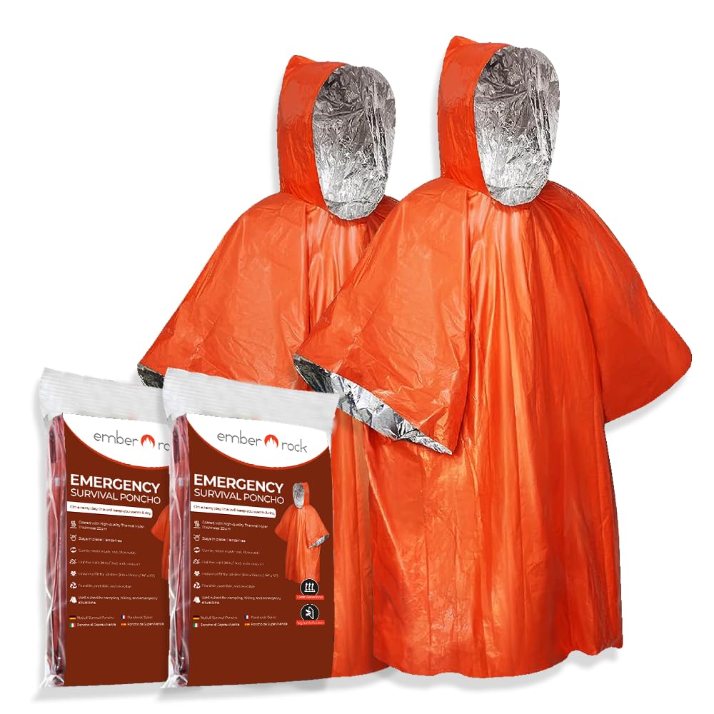 Ember Rock Emergency Survival Rain Poncho - 2 Pack Thermal Mylar Foil Blanket - Reversible Waterproof Heat Retention Rain Protection - Bushcraft Outdoor Gear