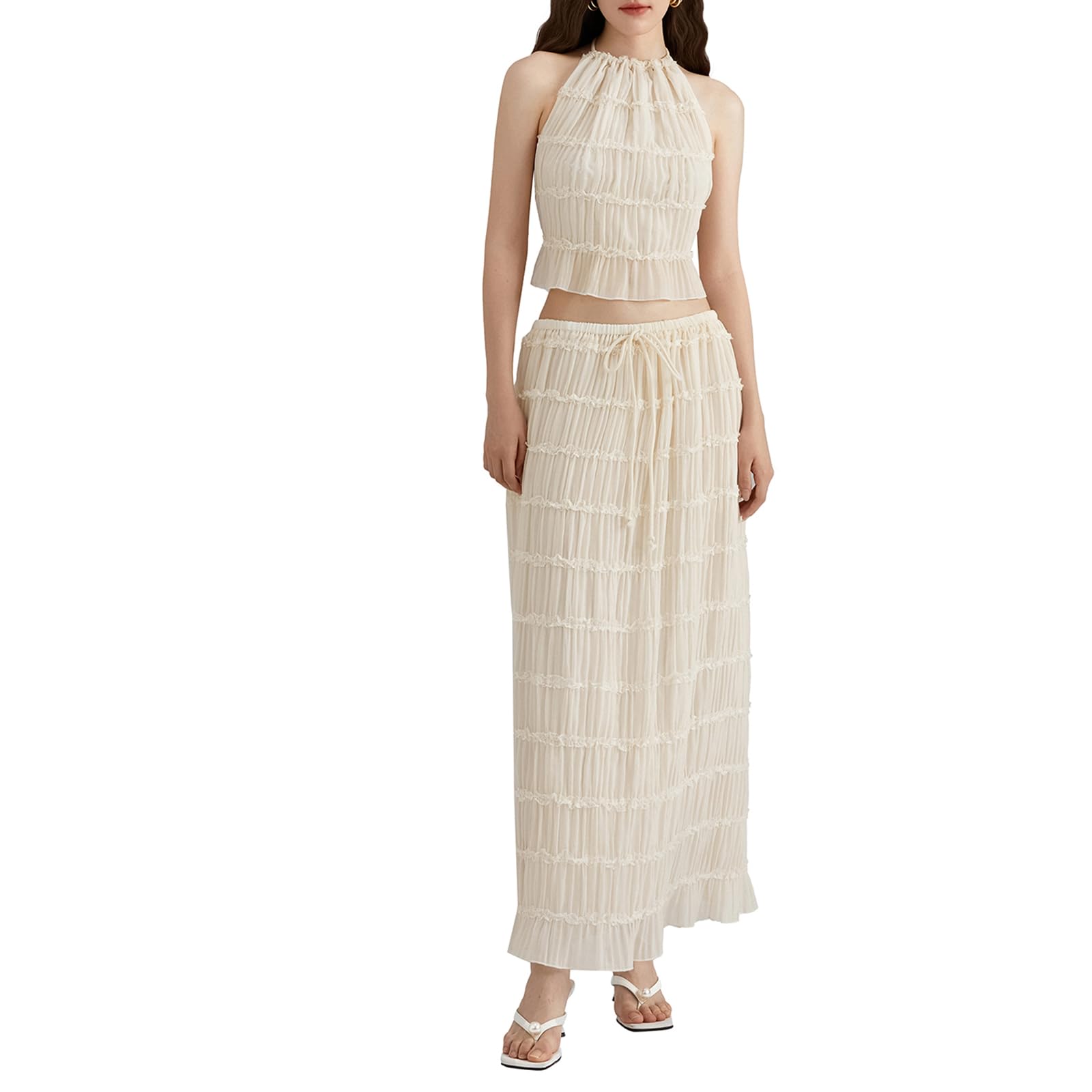 View 1 of 2 Piece Maxi Skirt Set for Women Lace Up Back Tank Tops Tie Up High Waist Long Skirts Outfits Fairy Vacation Cottagecore Dress