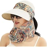 Convertible Sun Hat for Women Sun Visor with Neck Protector Scarf | Removable Top Zip-Off Ponytail Beach Visor UPF50+ UV Protection Wide Brim Sun Cap