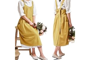 NEWGEM Cotton Linen Cross Back Apron for Women with Pockets for Cooking Cleaning Yellow without Waist Ties