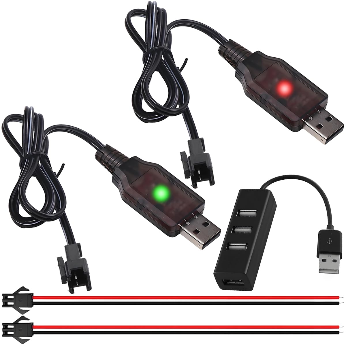 ZHUROUPU 2Pcs Drone 6V USB Charger Cable with SM-2P Plug Connector for 3.7V 4.8V 6V 7.2V Nicd/Nimh Batteries, 250mA RC Car Boat Charger Cable with LED Indicator, 4 Port USB 3.0 Hub Splitter