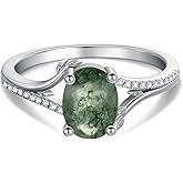 EKJQB Natural Moss Agate Ring 925 Sterling Silver Green Moss Agate Ring For Women Promise Engagement Jewelry Gift For Her Anniversary Wedding Cluster Rings