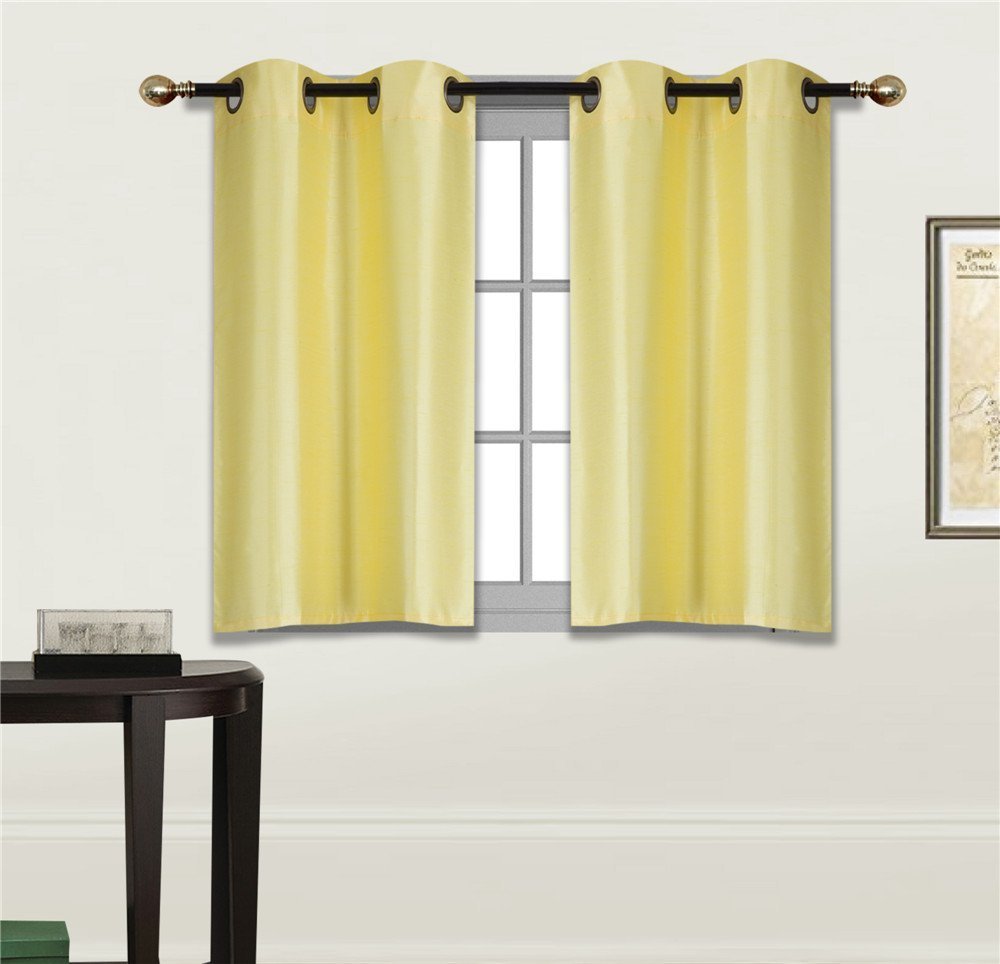 Elegant Home 2 Panels Tiers Grommets Small Window Treatment Curtain Faux Silk Insulated Blackout Drape Short Panel 28" W X 36" L Each for Kitchen Bathroom or Any Small Window # D24 (Yellow)