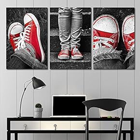 3 Panel Canvas Wall Art - Partial Color Red Canvas Shoes - Giclee Print Gallery Wrap Modern Home Art Ready to Hang - 16"x24" x 3 Panels