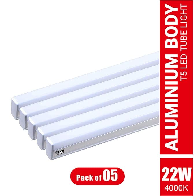 imee 22 W Extra Bright 2200 Lumens Strong Aluminium Body T5 LED Tube Light 4000K Warm White Batten Length 4 Feets, with Fitting Clamps and Screws, Pack of 5