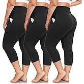 FULLSOFT 3 Pack Plus Size Capri Leggings with Pockets for Women -High Waist Stretchy 1X-4X Workout Yoga Pants