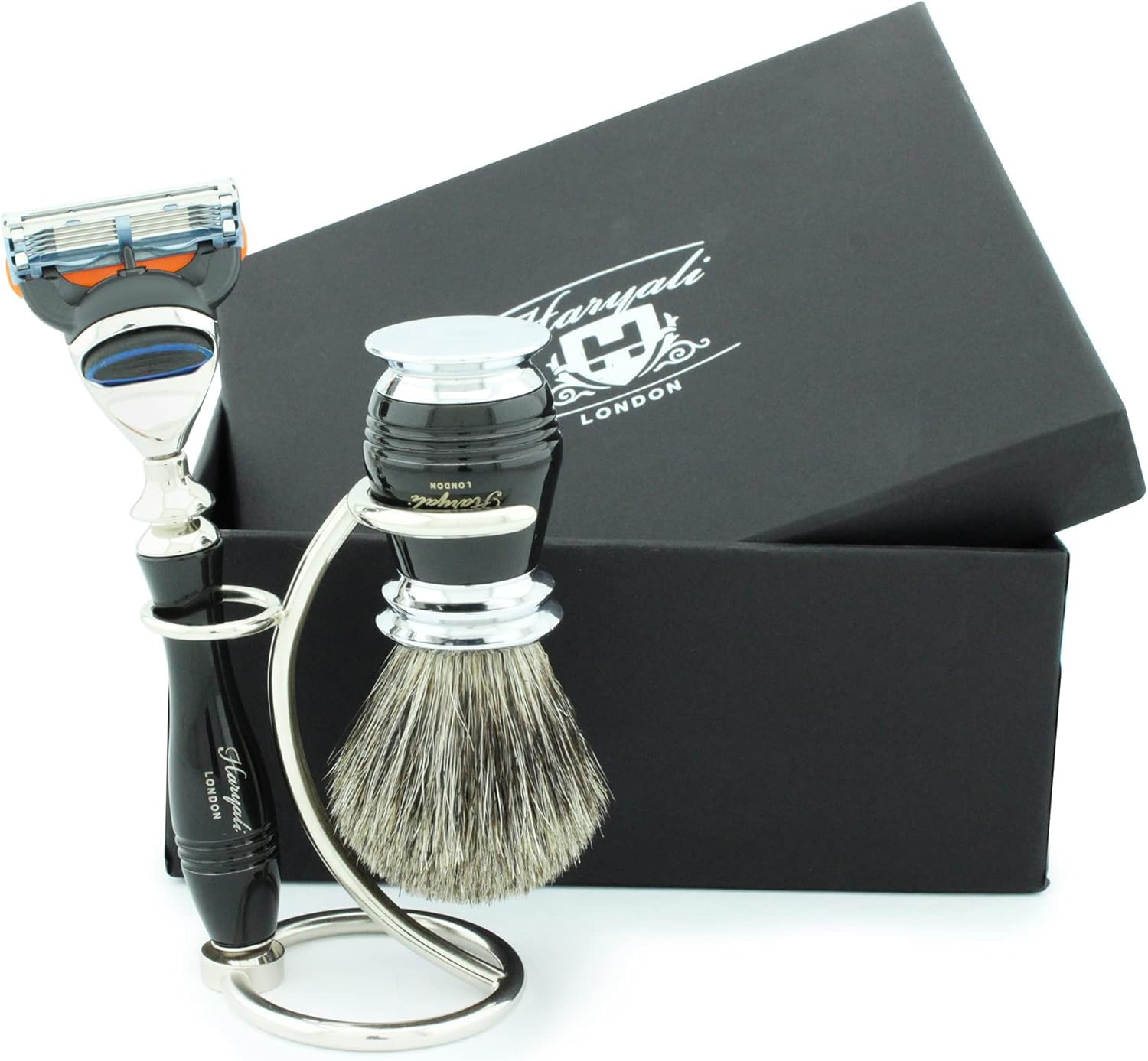 Haryali London, 5 Edge Razor and Pure Black Badger Shaving Brush Set – Luxury Men’s Wet Shaving Kit with Chrome Stand and Gift Box – Premium Grooming Set for Smooth and Comfortable Shave