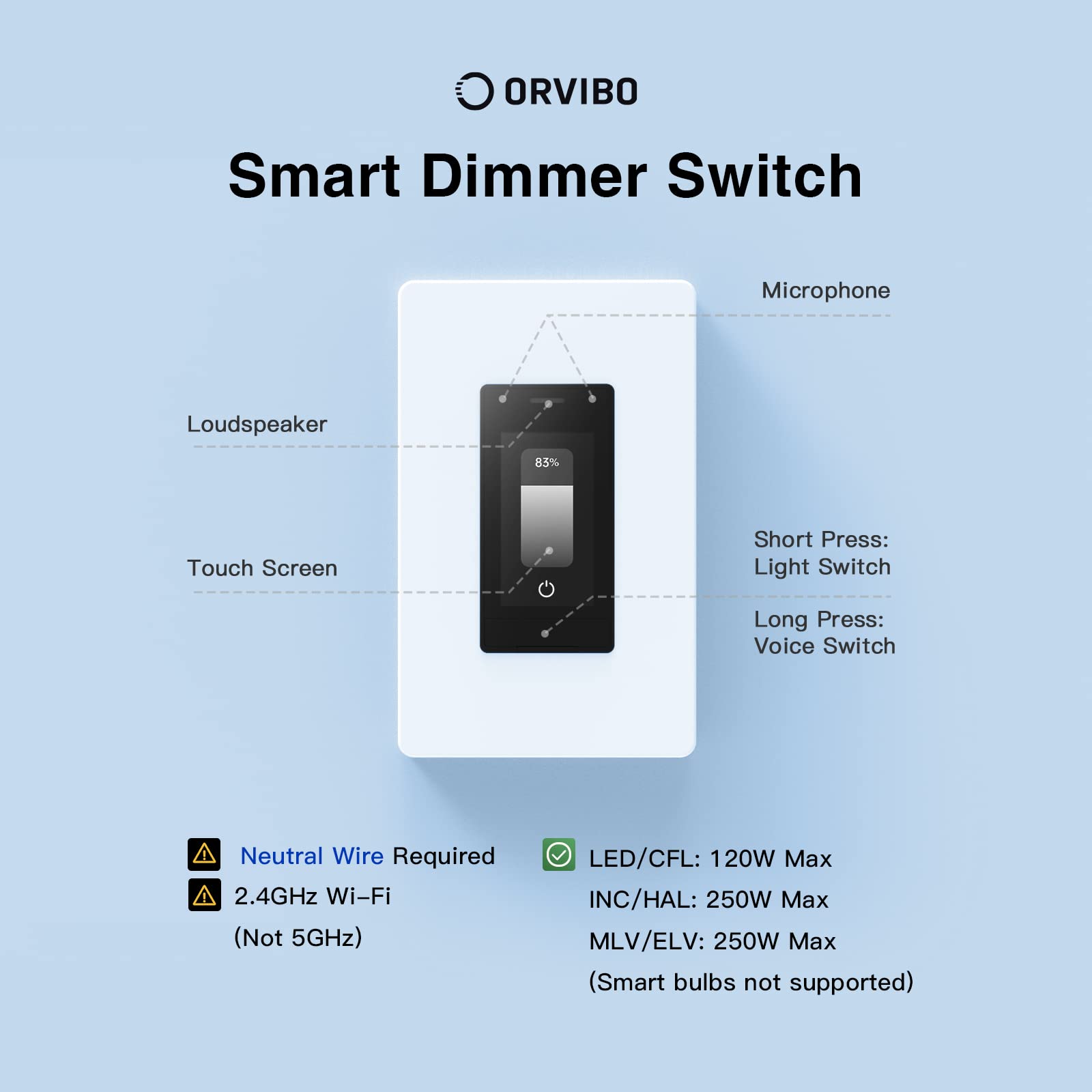ORVIBO Matter Smart Dimmer Switch, Works with Apple Home, Alexa & Google Home, w/Weather Display, Energy Monitoring, Single Pole, Neutral Wire Required