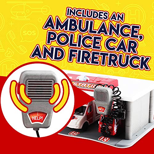 WolVol Emergency 3-Vehicle Garage w/ Pretend Radio & Sounds - Portable Utility Vehicle Station - Ideal Gift for Boys & Girls
