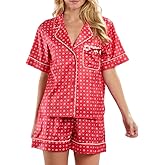NUFIWI Women Heart Print Silk Pajama Shorts Set Satin Short Sleeve Button Up Shirt Shorts Pjs Valentines Sleepwear Loungewear