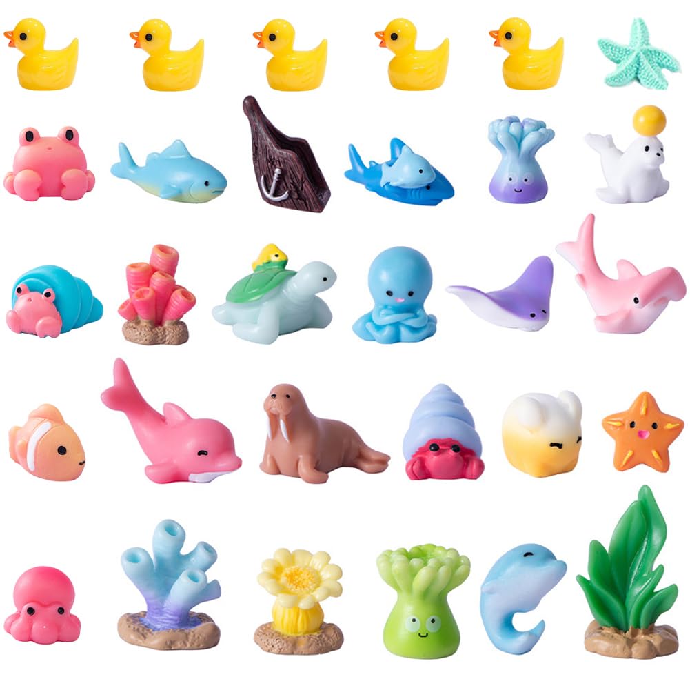 Purple Star Mini Resin Animals 30 Pack Tiny Ocean Animal Figures Mini Sea Animals Figures Little Plastic Sea Creatures Miniature Animal Figurines Fairy Garden Accessories Trinkets Gifts Blue