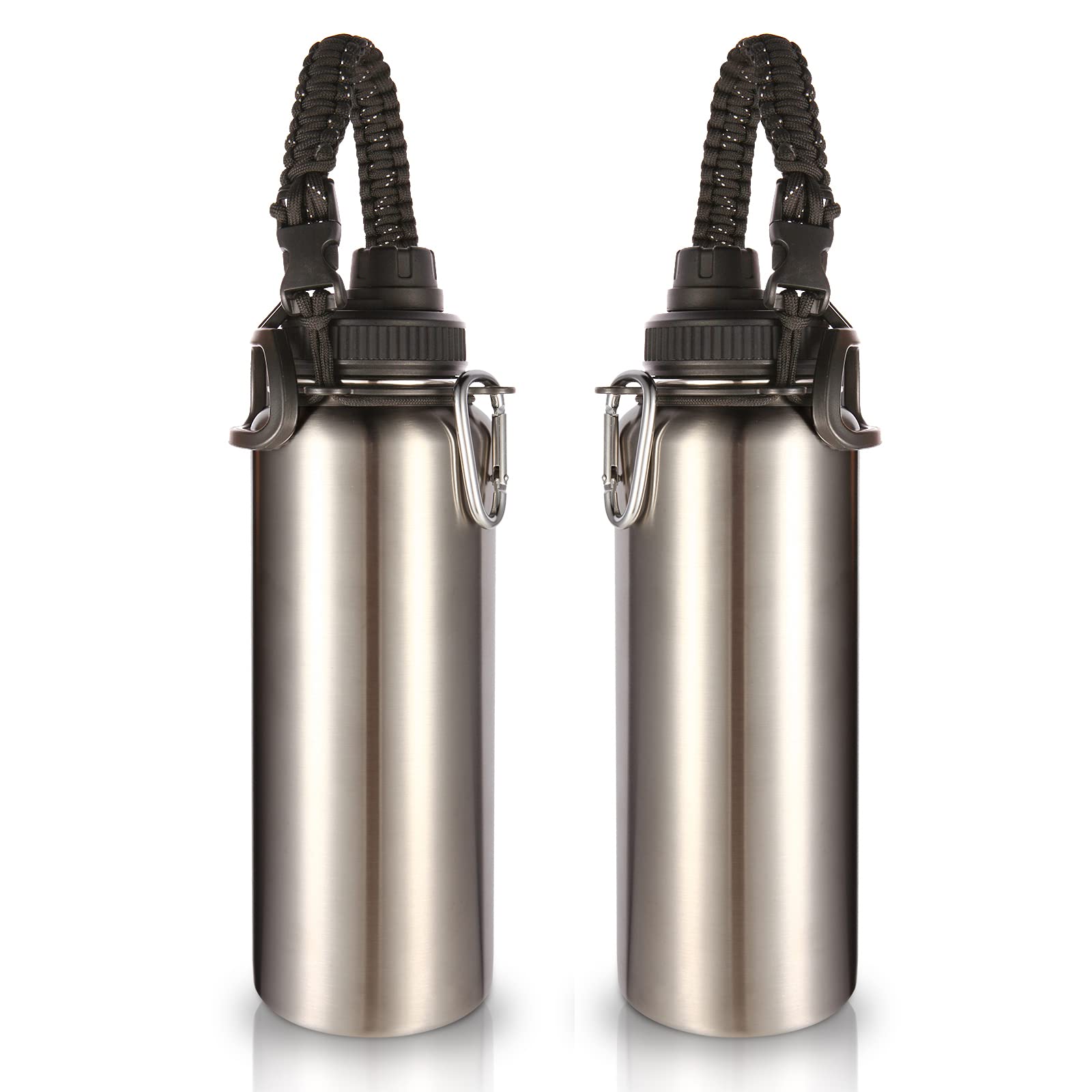 Volhoply Insulated Water Bottles Bulk 2 Pack, 1200ml Stainless Steel Sports Bottle with Paracord Handle & Spout Lid, Double Walled Vacuum Metal Cups,Reusable Big Water jug for Hiking(Silver,2 Set)