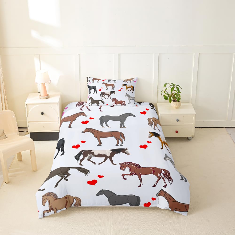 Cute Horse Bed Linen for Kids Girls Ponies Heart Bedding Set Cartoon Farm Animals Duvet Cover Horse Fuzzy Bedding &Linen Kids Bedding Wildlife Comforter Cover Single Bed Cover with 1 Pillowsham