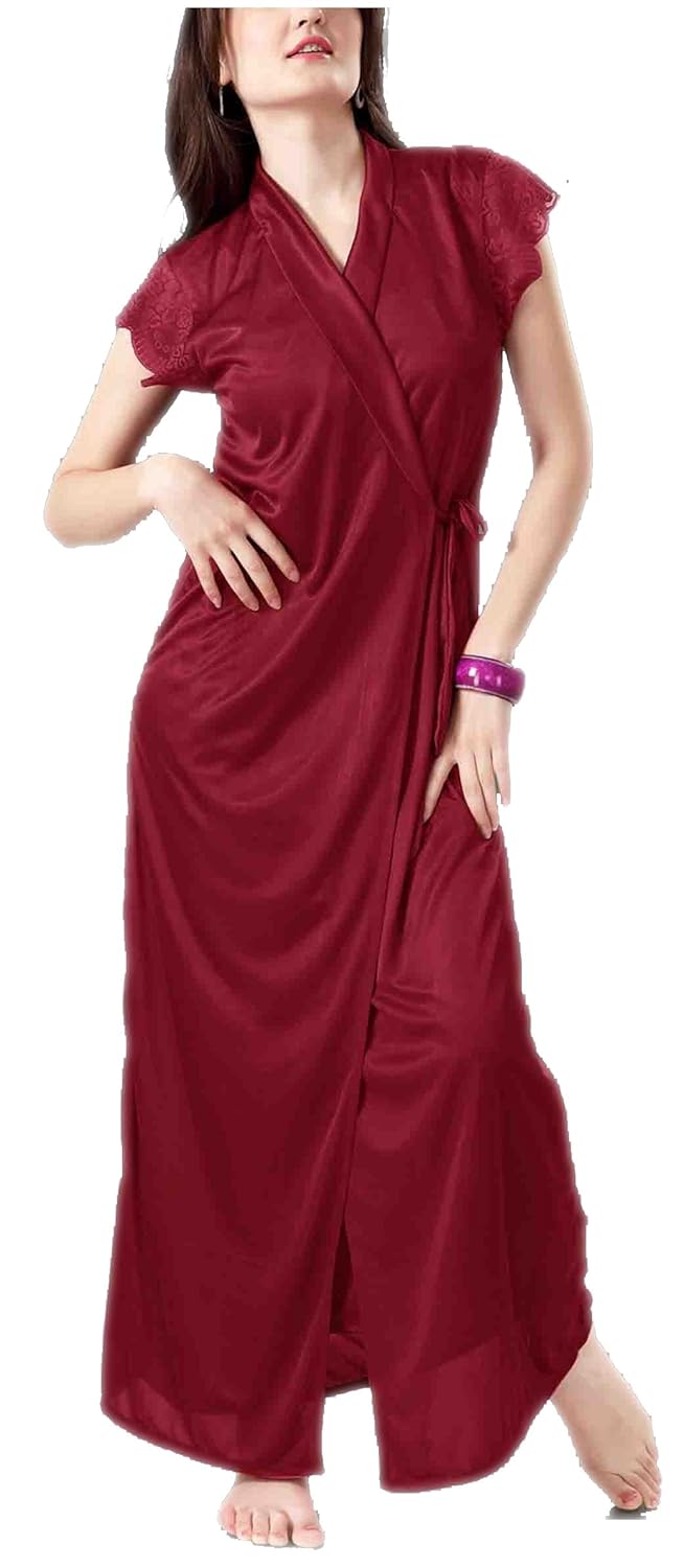 Maroon 2914 HOT N Sexy Long Satin Two PCS Nighty: Amazon.in: Clothing & Accessories