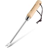 WORKPRO Dandelion Weeder Puller Tool with Wood Handle | Polished Stainless Steel Garden Weed Remover Tool, Two-Pronged Fork Weeder Tool for Lawn, Farmland, Transplant, Gardening