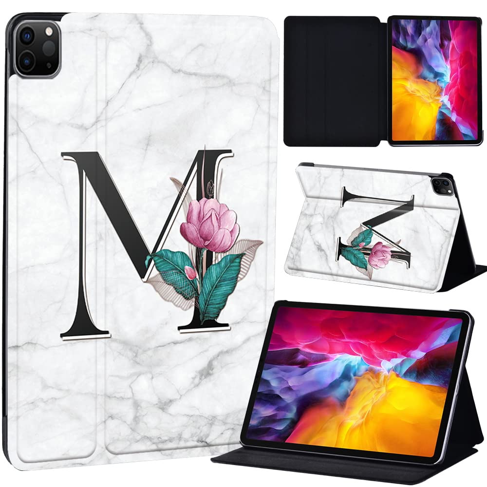PU Leather + hard shell Ultra slim lightweight Folio Flip Tablet Stand Smart Cover Case Fit iPad Air 4 10.9" (2020) / iPad Pro 11" (2018 2020 2021) (letter M on white marble)