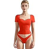 SUUKSESS Women Double Lined Fitted Basic Tee Sweetheart Neck Short Sleeve Y2K Crop Top