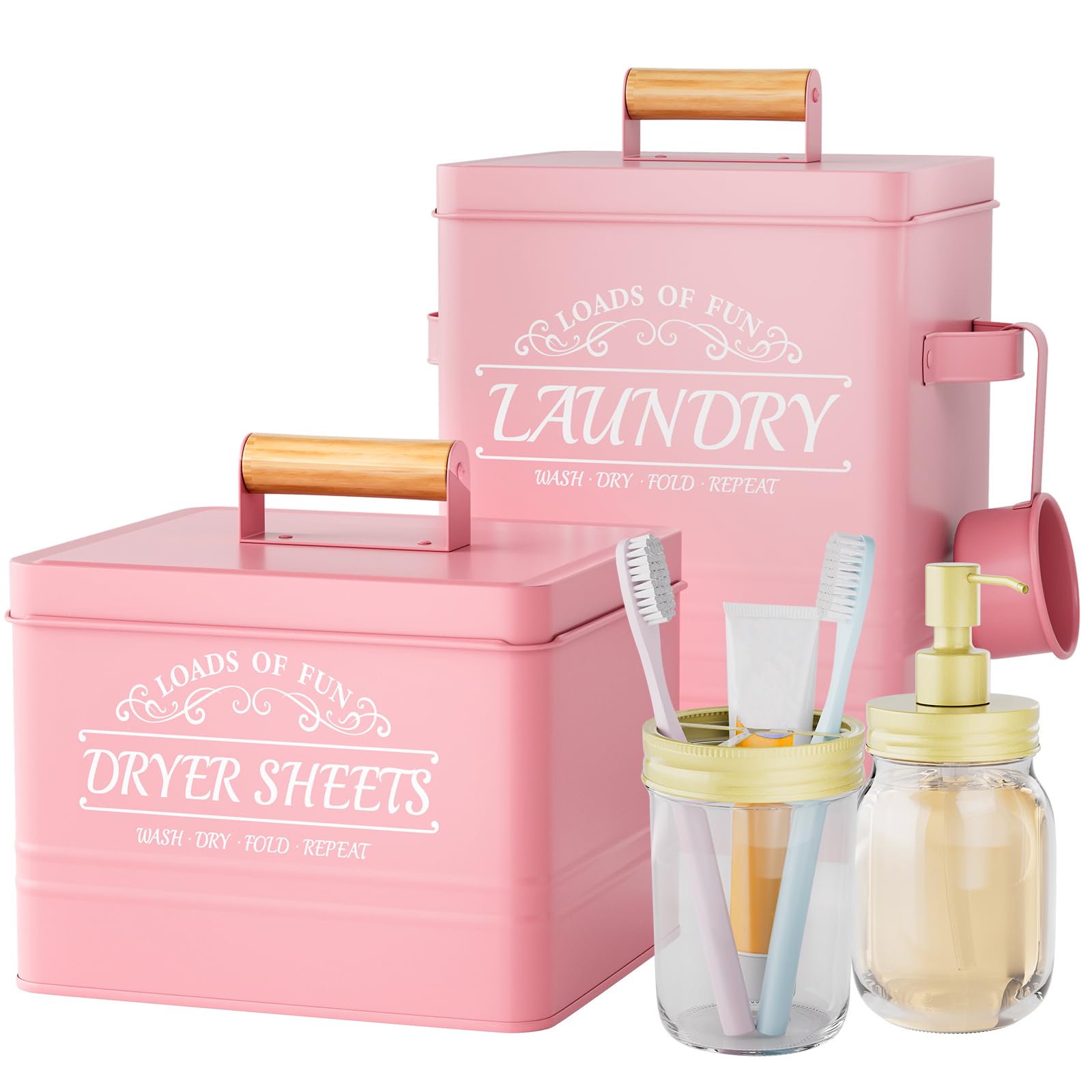 Photo 1 of **MISSING SMALL CAN, PUMP BOTTLE AND SCOOP**BSSN Farmhouse Laundry Storage Set - Metal Canister for Laundry Pods & Dryer Sheets, Glass Soap Dispenser & Toothbrush Holder | Pink Rustic Decor with Scoop | Laundry Room Organization