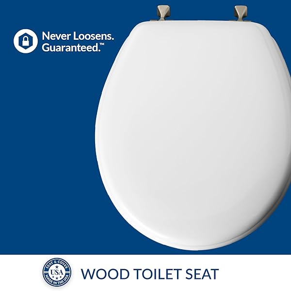 MAYFAIR 844BN 000 TOILET SEAT WITH BRUSHED NICKEL HINGES WILL NEVER COME LOOSE, ROUND , WHITE, 1 PACK – ROUND