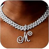 PTJDSMF Gold Silver Plated Initial Cuban Link Chain Necklace for Women Cursive Letter Gold Miami cuban link chain Iced out chain with pendant for women