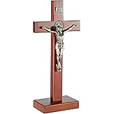 ARCHOBAN Wooden Crucifix Wall Cross Catholic with Stand, 10.7 Inch Jesus Christ Standing Cross for Wall and Table - Brown + Antique Brass