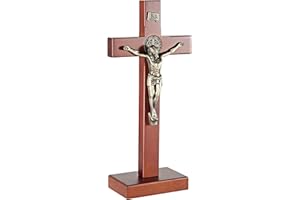 ARCHOBAN Wooden Crucifix Wall Cross Catholic with Stand, 10.7 Inch Jesus Christ Standing Cross for Wall and Table - Brown + Antique Brass