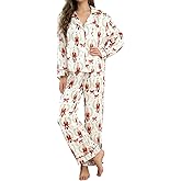 SYHVGI Women Christmas Pajama Set Satin Silk Sleepwear Print Long Sleeve Button Shirt Tops with Trousers 2 Piece Loungewear