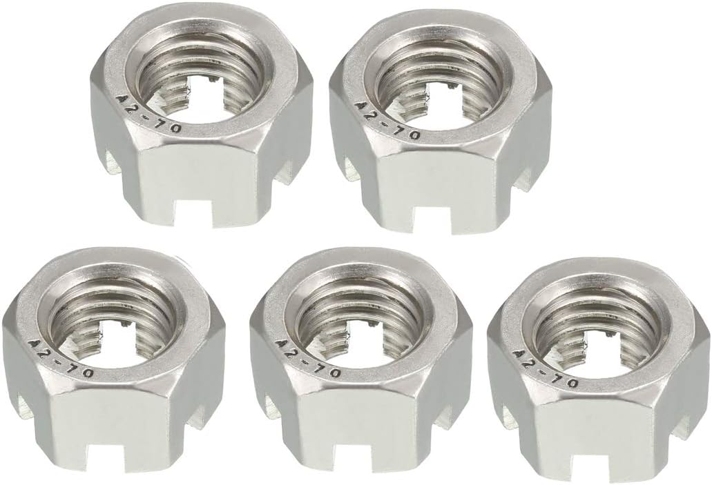 sourcing map M18 x 2.5mm Pitch 304 Stainless Steel Slotted Hex Nuts, Pack of 5, M18,5 pcs
