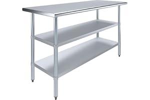 AMGOOD 60" Long X 24" Deep Stainless Steel Work Table with 2 Shelves | Metal Food Prep Station | Commercial & Residential NSF Utility Table