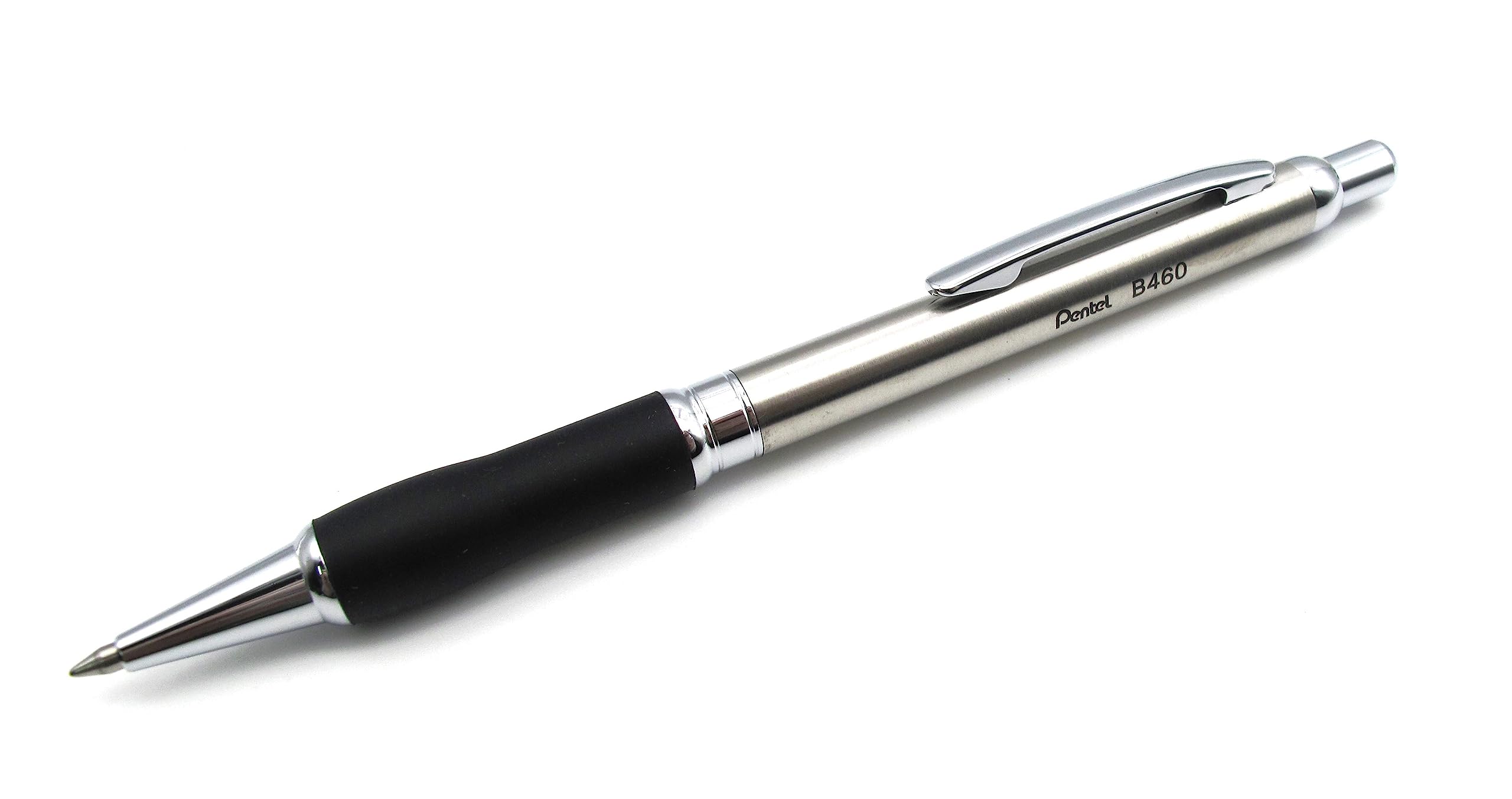 Pentel Sterling Elite Retractable Ballpoint Pen - Brushed Metal Stainless Steel Barrel - Soft Rubber Grip - Black Ink - B460