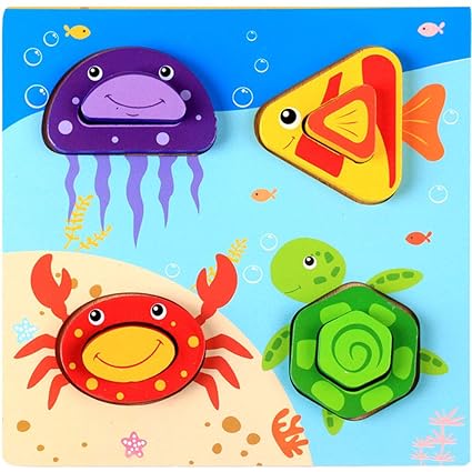 Leoie Wooden Magnetic Puzzle Toys 3D Puzzle Drawing Board Educational Wood Toys for Children 17.8x17.8cm Underwater World