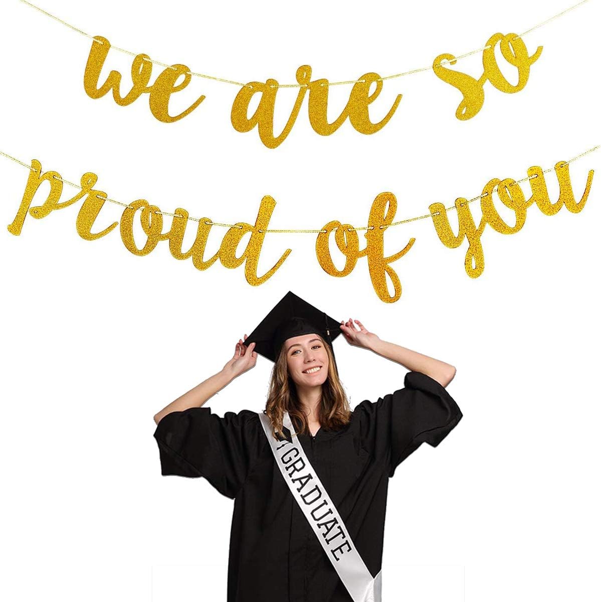 Amazon Com Gold Glittery We Are So Proud Of You Banner With Graduation Sash Graduation Decoration Party Supplies Congratulations Grad Party Decorations No Diy Required Toys Games