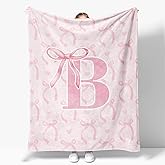 JKMBN Coquette Pink Bow Throw Blanket,Personalized Initial B Soft Fluffy Cozy Flannel Blanket,Monogrammed Gifts for Daughter Women Teen Girls,Customized Blanket for Bedding Bedroom Office,50x60 Inches
